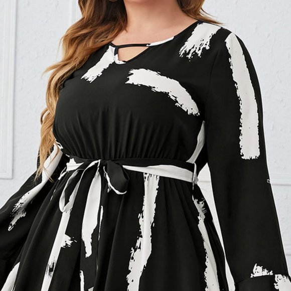 Melo Apparel Plus Size Printed Tie Belt Flare Sleeve Round Neck Midi Dress - Picture 3 of 7